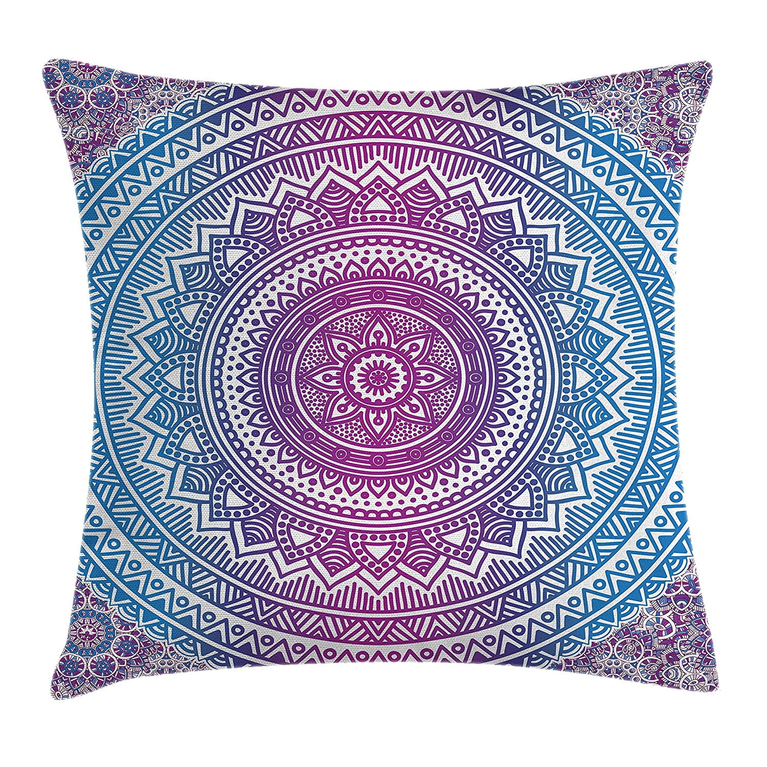Blue and Pink Throw Pillow Cushion Cover by , Ombre Mandala Floral Star Medallion Pattern Indian