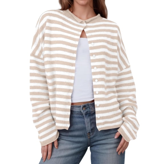 Yokua Cardigan Sweaters for Women Lightweight Knit Button Front Striped Cardigan Sweaters Trendy Oversized Sweater Coat