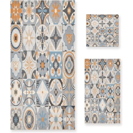 Hotbar Bathroom Decorative Towel Set with Moroccan Tile Mosaic Pattern, 3-Piece Set with Bath Towel, Hand Towel & Washcloth(329)