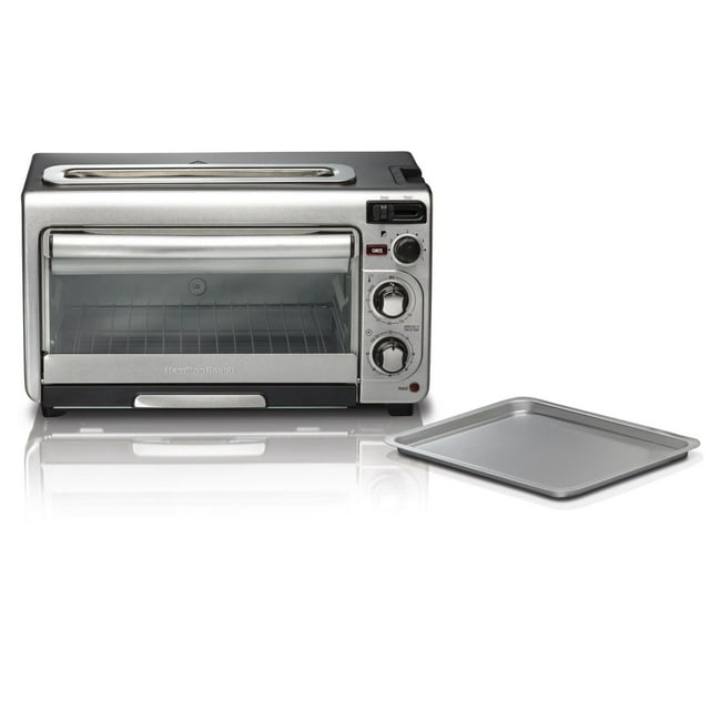 Hamilton Beach 2-in-1 stainless steel oven and toaster with temperature, function, and timer dials alongside a removable baking tray.