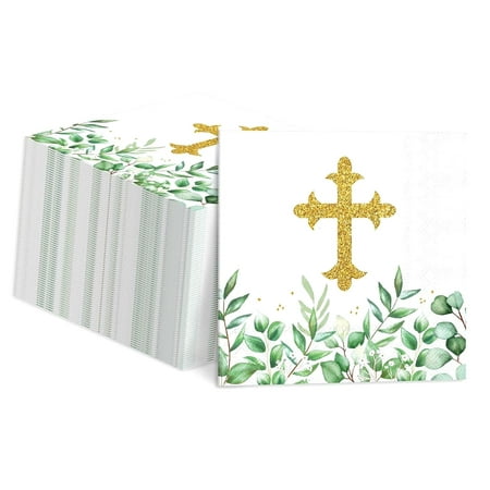 ANYWAY.GO 50Pcs First Holy Communion Paper Napkins Baptism Cross Greenery Dinner Napkins God Bless Christening Luncheon Napkins for Party Supplies