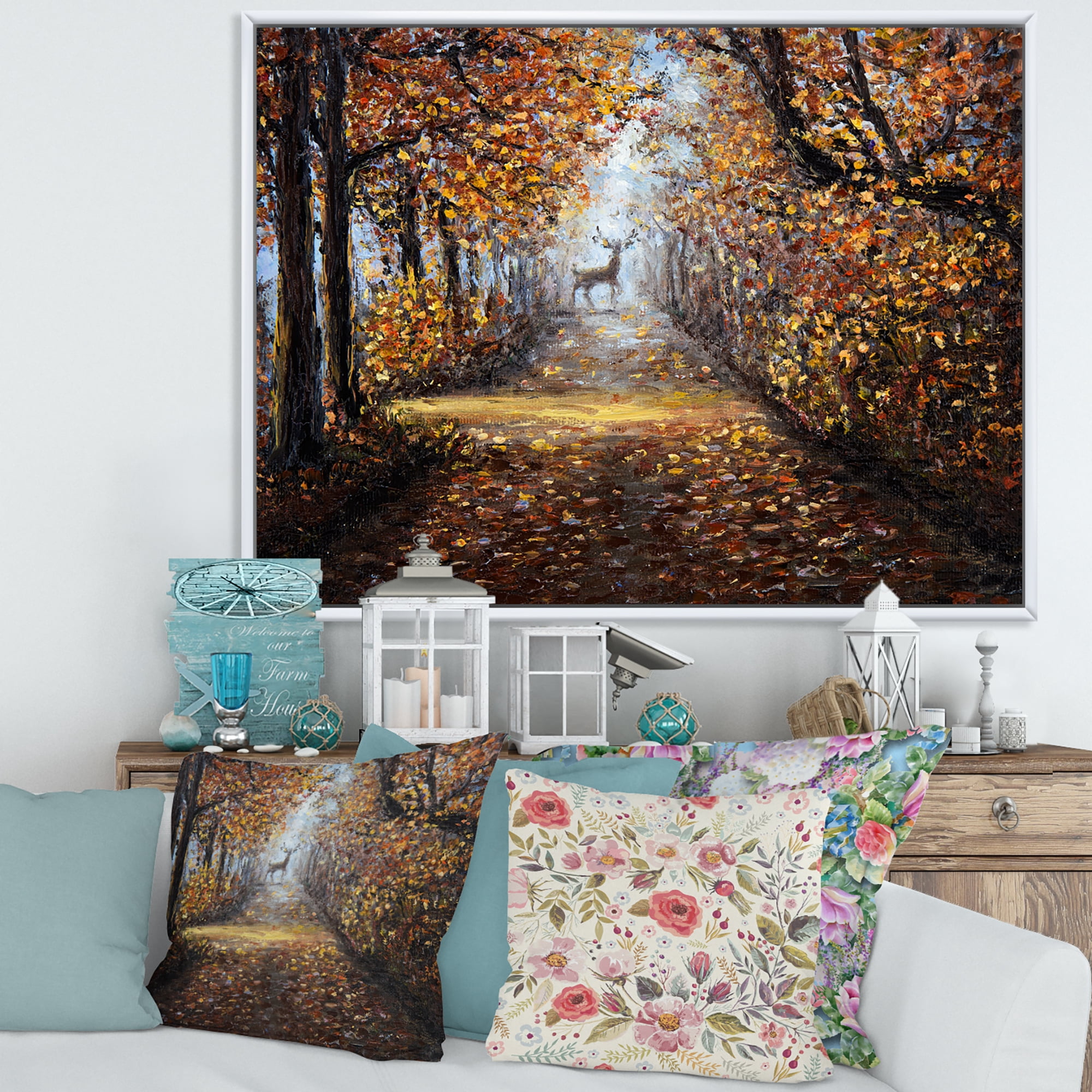 Designart 'Deer In The Autumn Park' Lake House Framed Canvas Wall Art Print