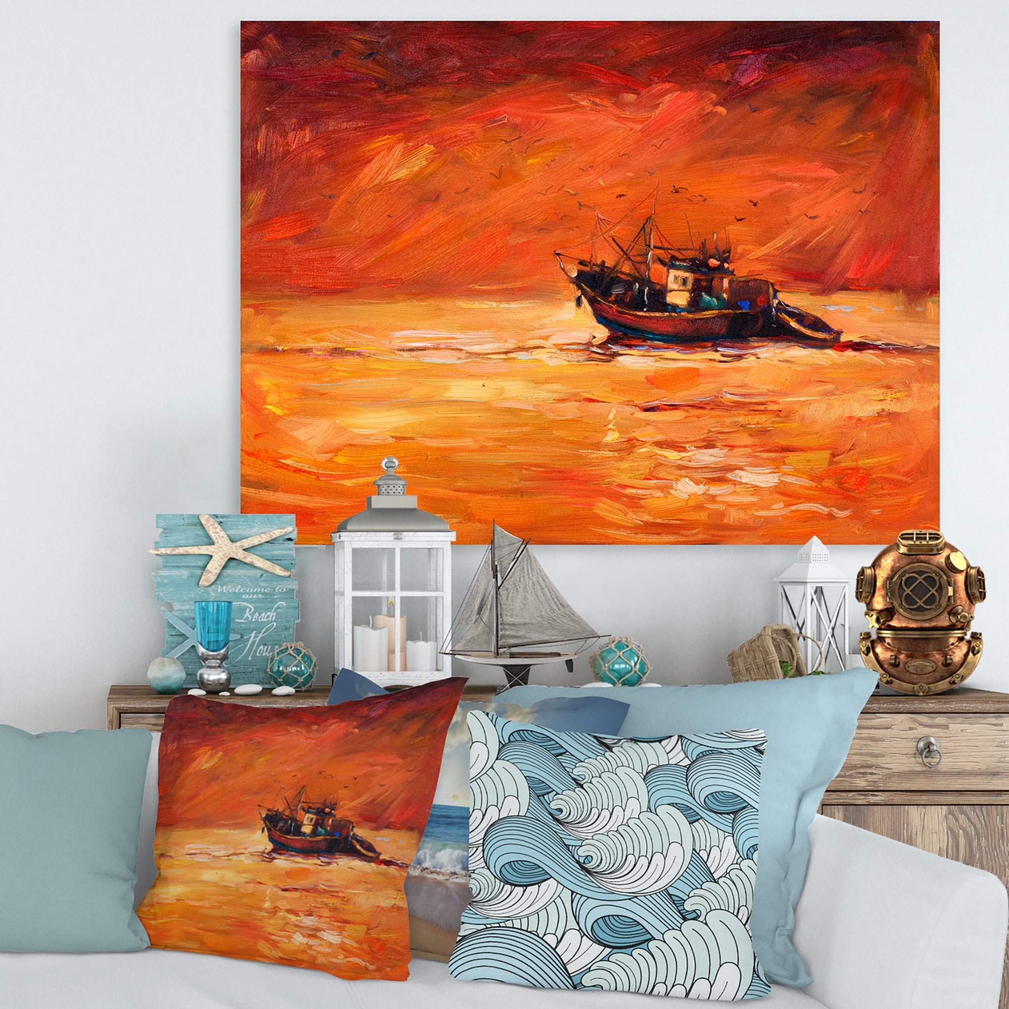 Designart ' Fishing Boat During Red Evening Glow ' Nautical & Coastal Canvas Wall Art Print