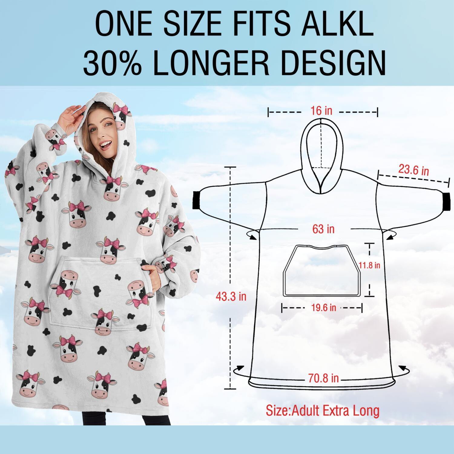 Oversized Wearable Blanket Hoodie,White Cow Black Spot Bow Pattern Sherpa Blanket Hoodie with Super Pockets,Super Warm Fuzzy Pullover for Women & Men
