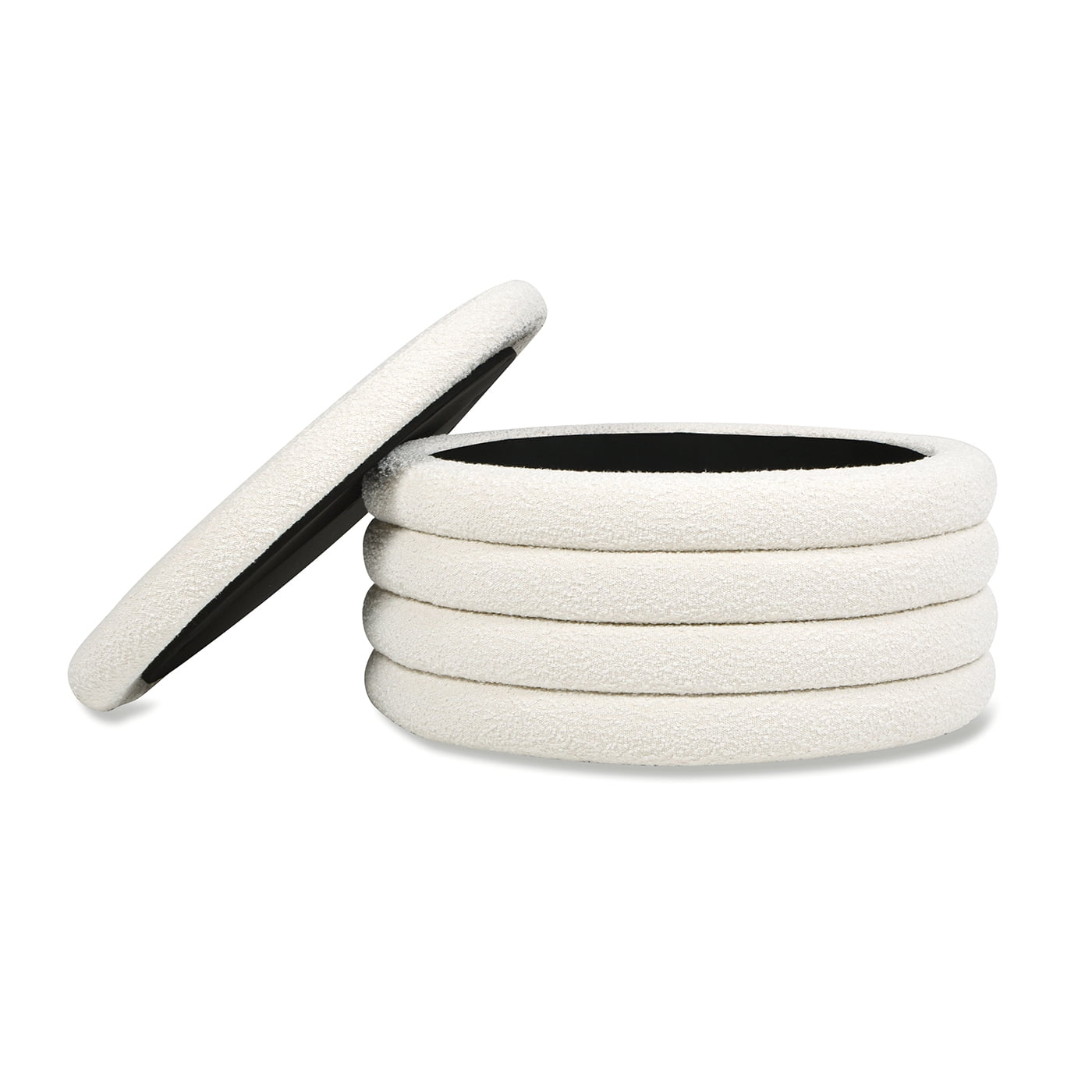 Fuji 36" Round Upholstered Storage Cocktail Ottoman Ivory White Boucle