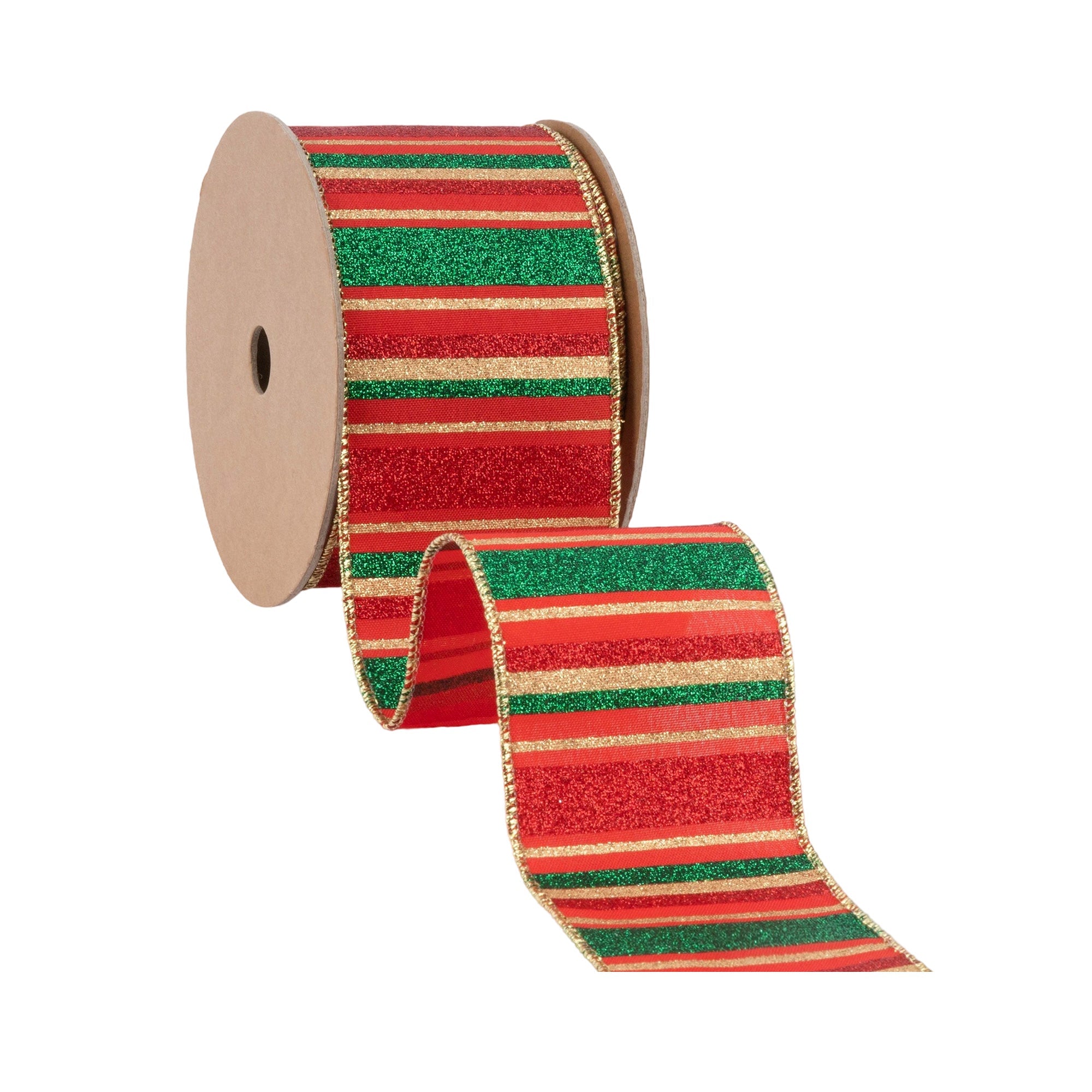 LaRibbons 2 1/2" Wired Ribbon, Red, Green, Gold Horizontal Glittered Stripes on Red, 10 Yard Roll