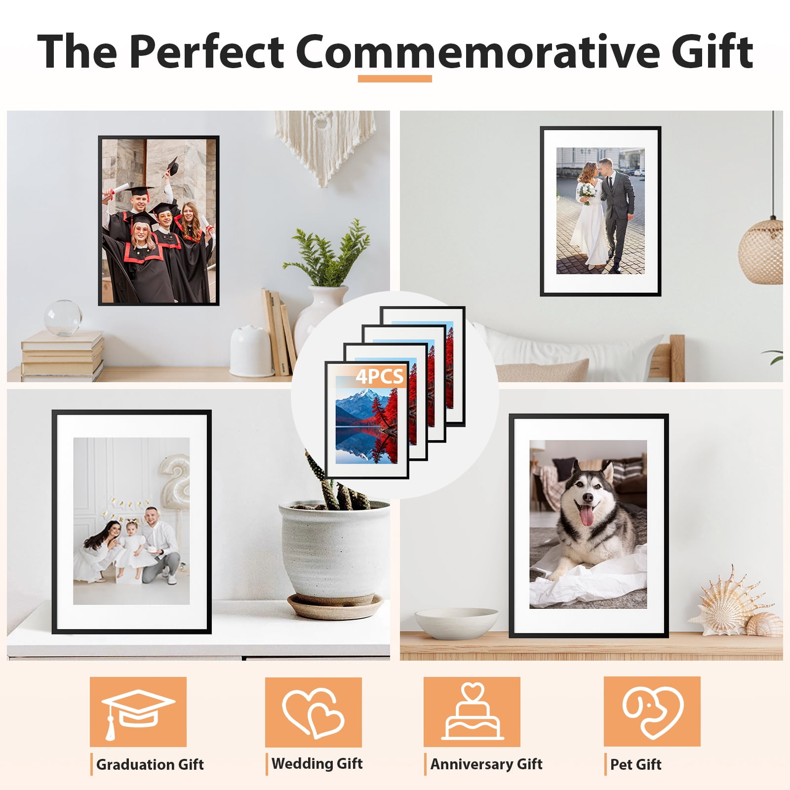 LIZEVINC 4 Pack 11x14 Picture Frame, Display Pictures 8x10 with Mat or 11x14 Without Mat, Wall Hanging Photo Frame, Black