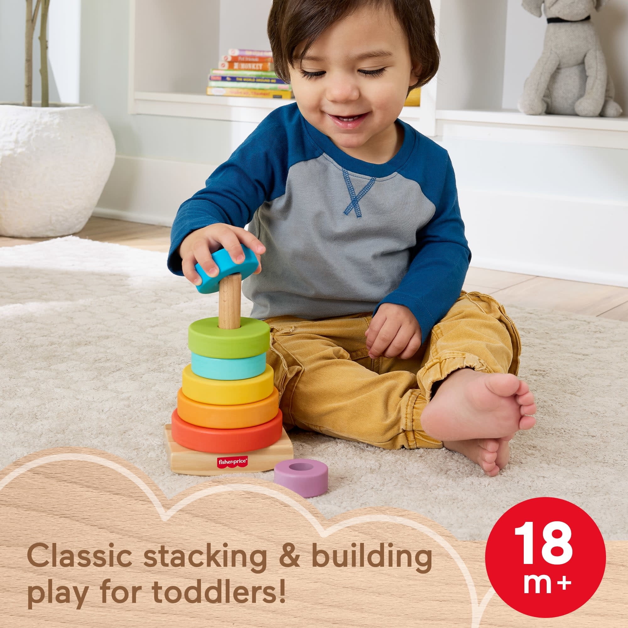 Fisher-Price Wooden Rock-a-Stack, Toddler Ring-Stacking Activity Toy with 8 Wood Pieces