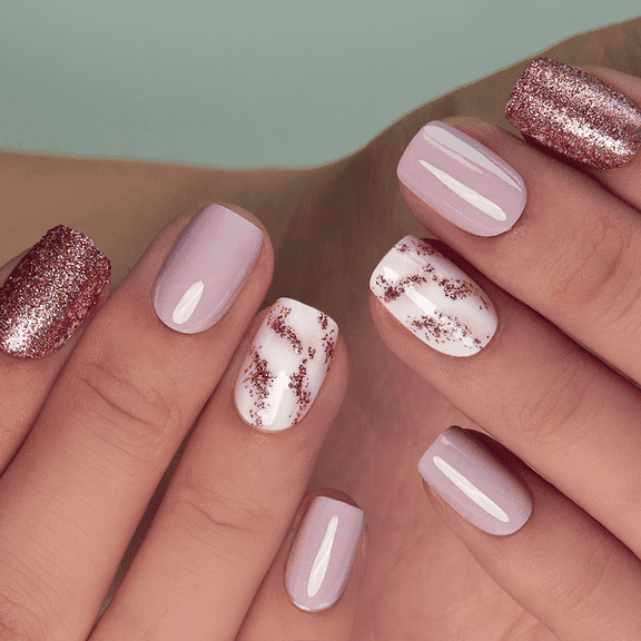 CurvLife Rose Glint Whisper Press-On Nails - 30PCS Short Squoval Fake Nails, Non-Toxic & Reusable, Salon Quality DIY