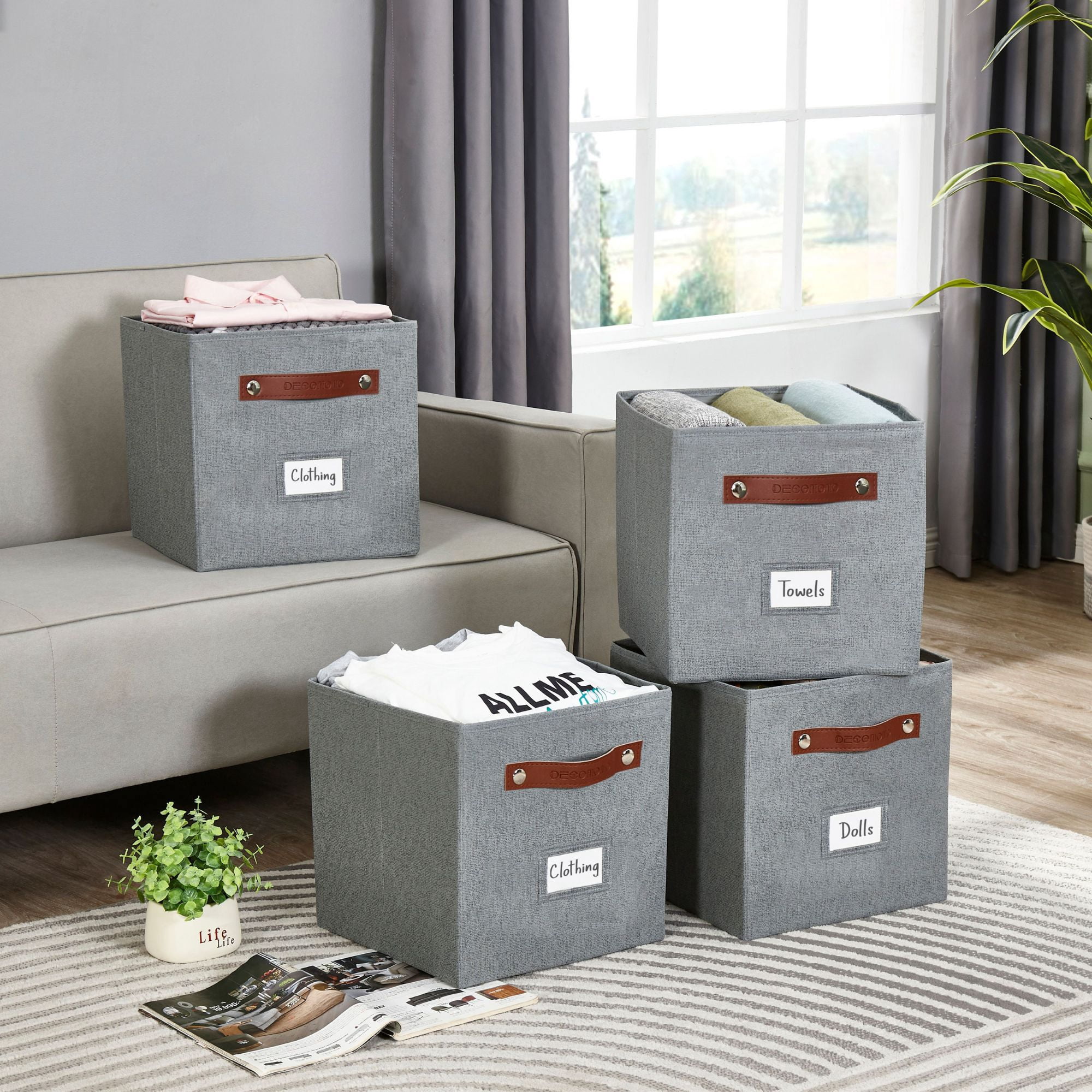 DECOMOMO Cube Storage Bins, Fabric Baskets 11 x 11, Organizer Bins (Grey, Set of 6)