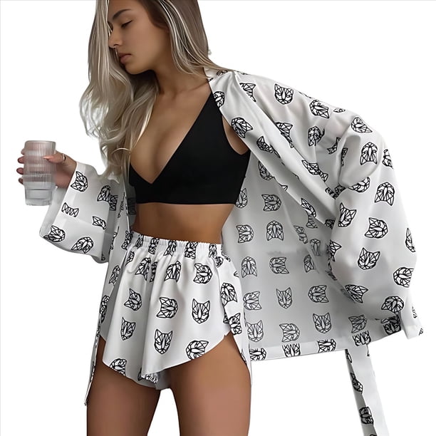 Pijama Holgado con Estampado para Mujer, Informal, con Cordones, de Larga y Pantalones Cortos de Cintura Alta, para el Hogar. M