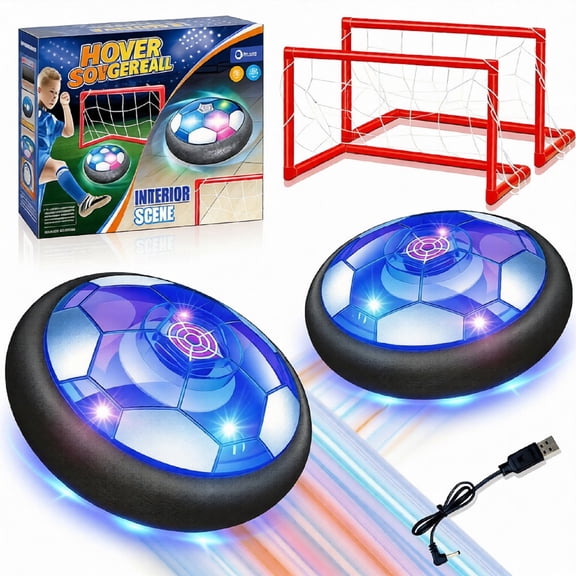 WIDELAND 2 in 1 Hover Soccer Ball (Set of 2), USB Rechargeable Air Power Soccer Kids Toys with LED Lights and Foam Bumper Protection, 2 Goals for Boys and Girls Ages 3  Indoor/Outdoor Games