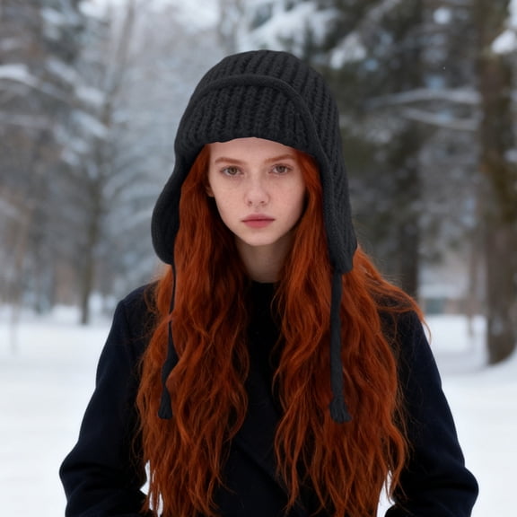 Woman Winter Hat Knit Hats for Women Winter Hat With Ear Flaps Beanie Hat Sherpa Earflap With Chin Tie Soft Knit Winter Classic Fleece Lined Caps Snow Headwear Outdoor for Adults Teens, Black