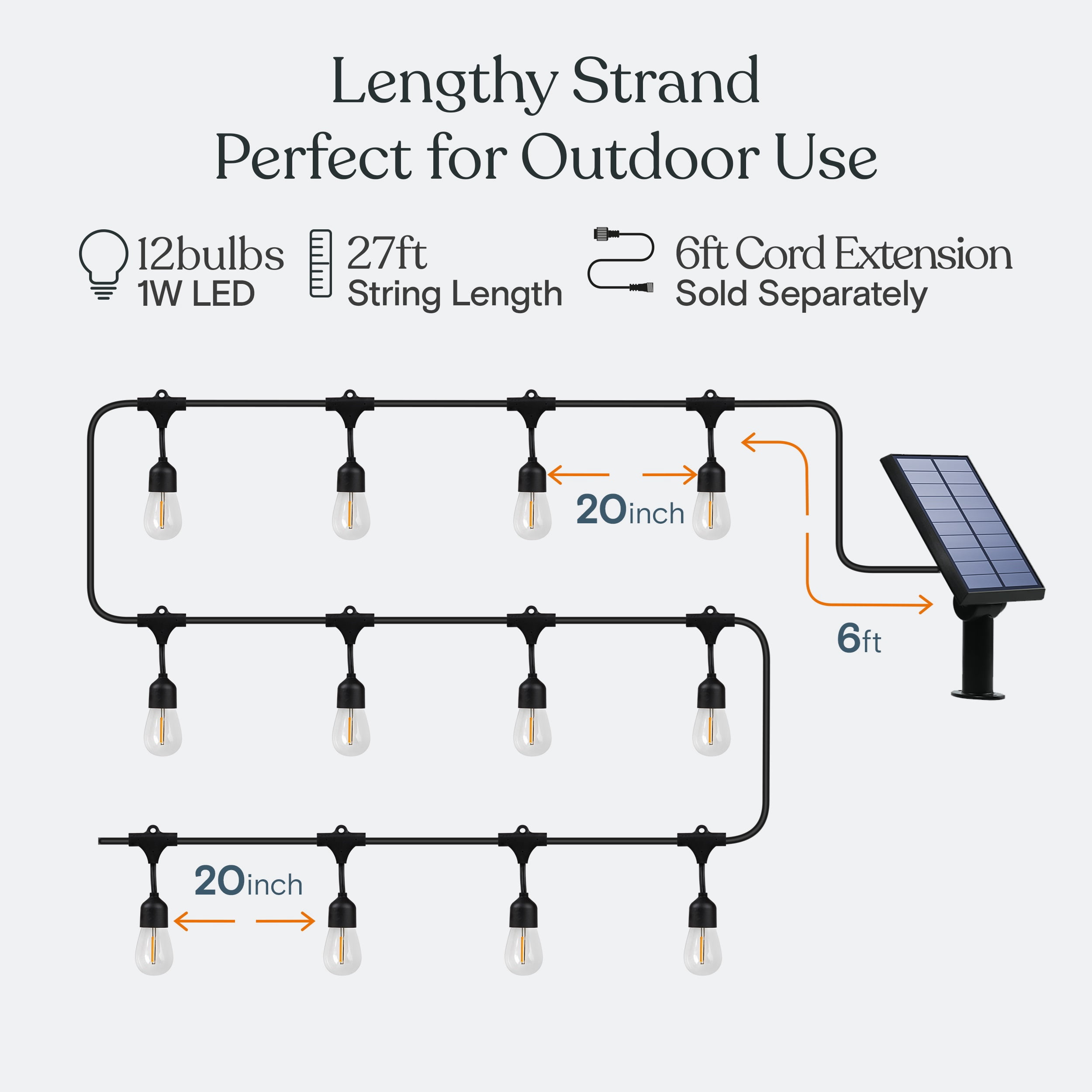 Brightech Ambience Pro Solar Powered Outdoor String Lights - Commercial Grade 27 Ft Waterproof Patio Lights With 12 Edison Bulbs, Shatterproof LED String Lights for Patio - 1W, Warm White