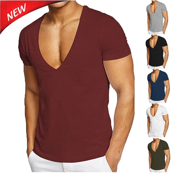 Tqyyweavej Shirts for Men Moisture Wicking Deep V Neck Workout T-Shirts Short Sleeve Solid Color Breathable Tees Tops Size M to 3XL