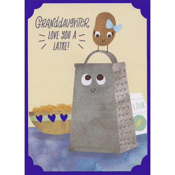 Designer Greetings Cute Potato with Blue Bow, Grater, Bowl and Flour Bag Juvenile Hanukkah Card for Granddaughter