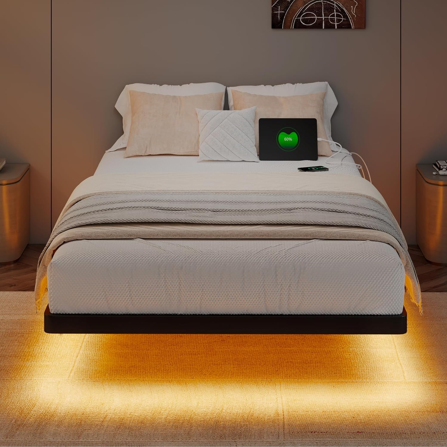 Honfach Twin Size Floating Bed Frame with Led Lights and Charging Station, Metal Bed Frame with Heavy Duty Steel Slats Supports,Black