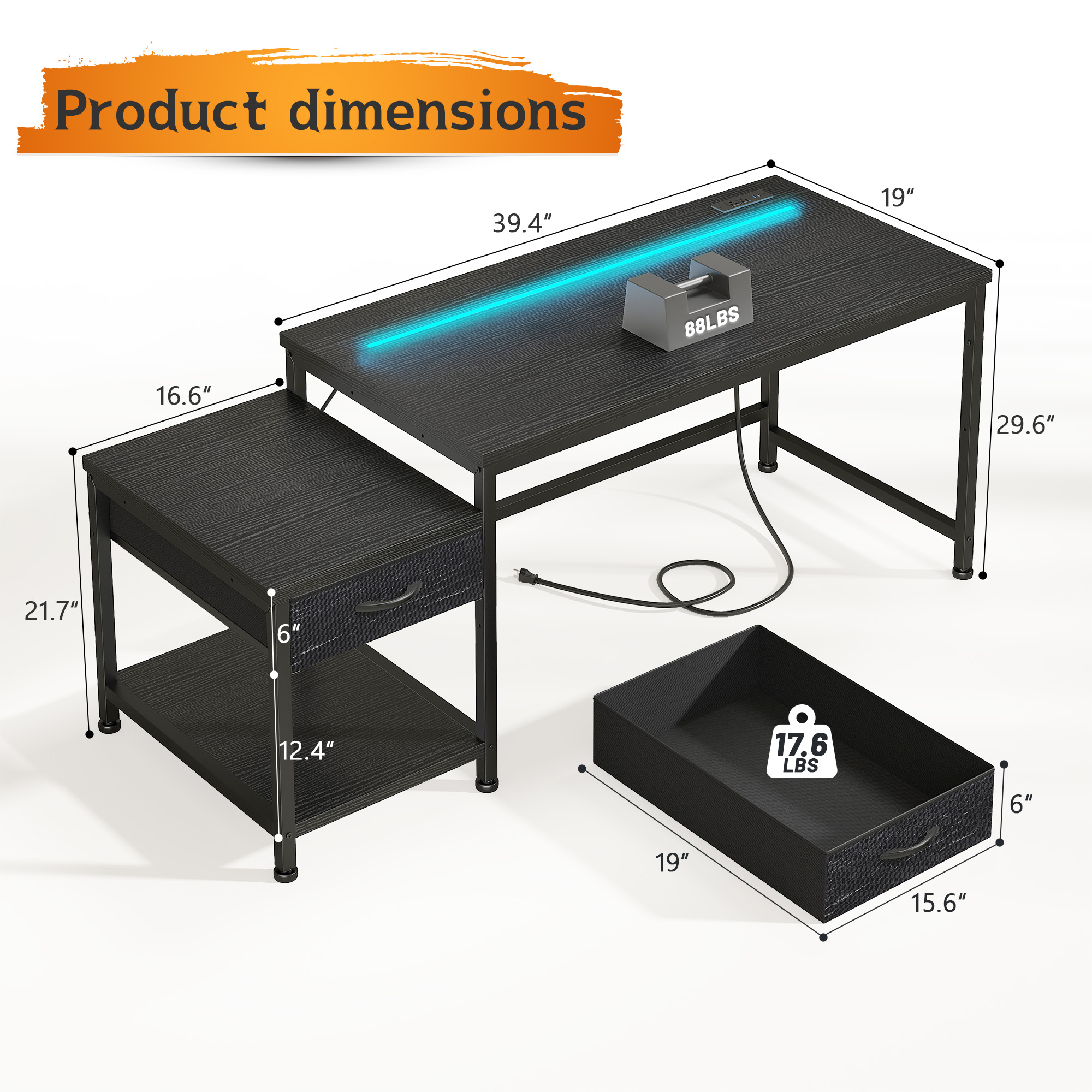 Romorgniz 56"W Gaming Desk with LED Lights & Power Outlets, Computer Desk with Fabric Drawer & Printer Shelf, Small Space Desk for Home Office, Dorm, Bedroom, Black