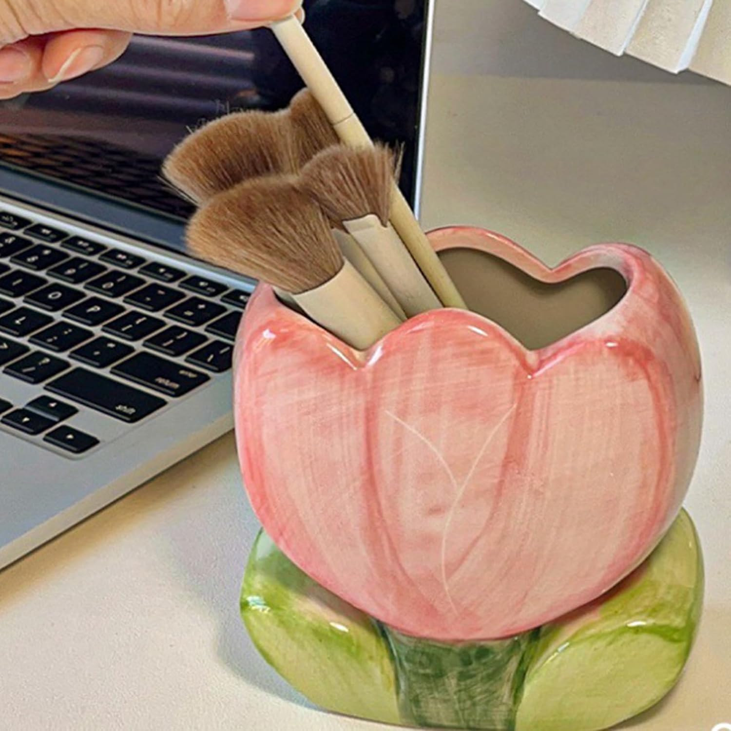 Pen Holder for Desk Tulips Vase Decor Aesthetic Cute Toothbrush Holder Pencil Holder for Office Makeup Brush Holder Yellow Kawaii Desk Accessories Home Decor Birthday Gifts for Women