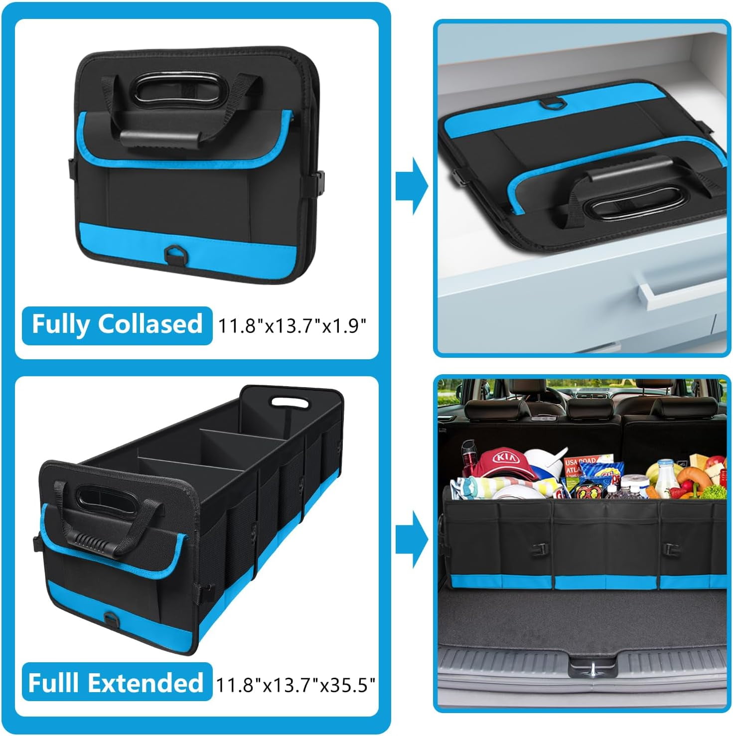 Trunk Organizer for Car, Car Storage Organizer with Non-Slip Bottom Strips, 95L Large Capacity Cargo Organizer for Suv, Truck, Sedan, Waterproof Portable Car Organizers for Women Men（Blue）