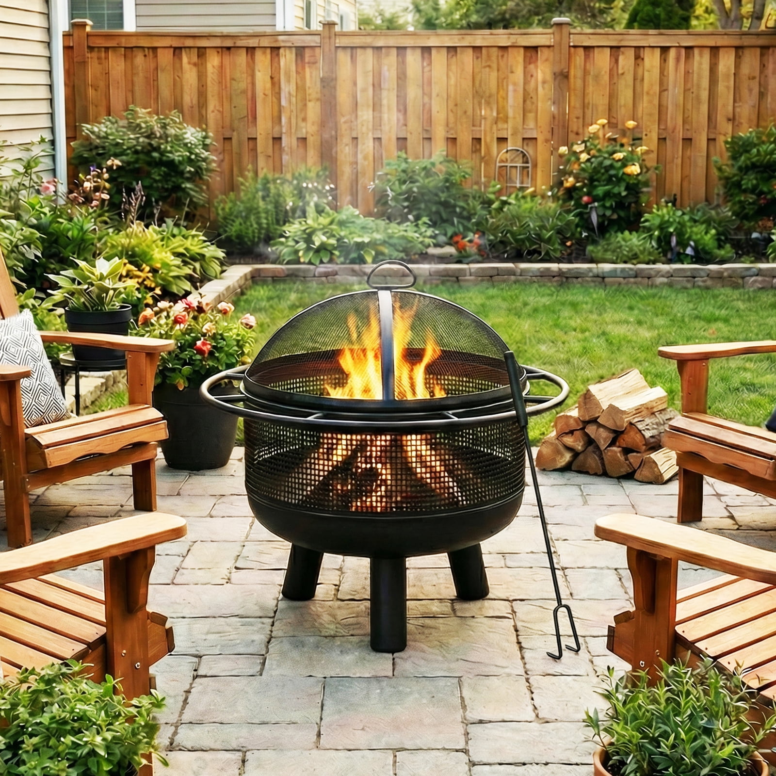 Patiojoy 24" Wood Burning Fire Pit Portable Heavy Duty Firepit with Log Grate