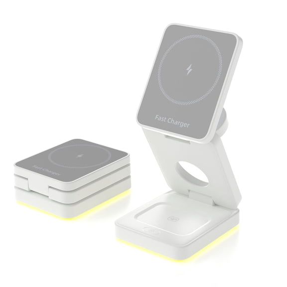 Wireless Charger 3 in 1 Magnetic Foldable Charging Station for Phone Watch and Earbuds with LED Light White Desktop Stand Fast Charging Pad for Home Office