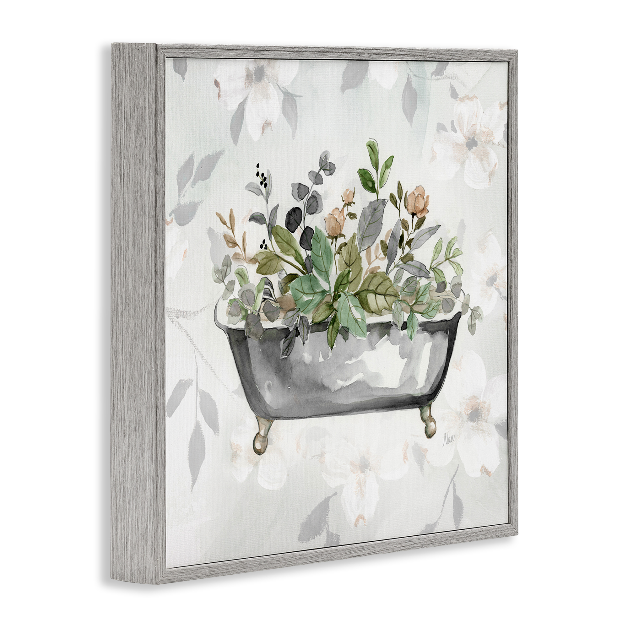 Stupell Industries Leaf Patterned Bath Typography Painting Gray Framed Art Print Wall Art, 12 x 12