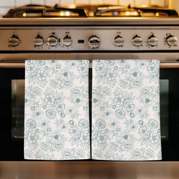 Botanical Flowers Kitchen Towels Set of 4, Farmhouse Blue Floral Patterned Absorbent Dish Towels for Kitchen, Microfiber Hand Towel, Quick Drying Tea Towel for Cleaning Decorative Dishcloths