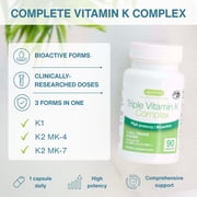 Igennus High Potency Vitamin K Complex, K1 & K2 (MK-4 & MK-7), 1-a-Day, All Trans Bioactive Form for Superior Bone & Cardiovascular Support, Clean Label, Vegan, 90 Capsules