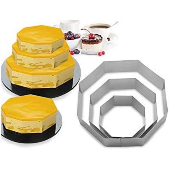 Casewin 3 Tier Octagon Multilayer Cake Baking Pans, Stainless Steel 3 Sizes Octagon Mousse Cake Rings