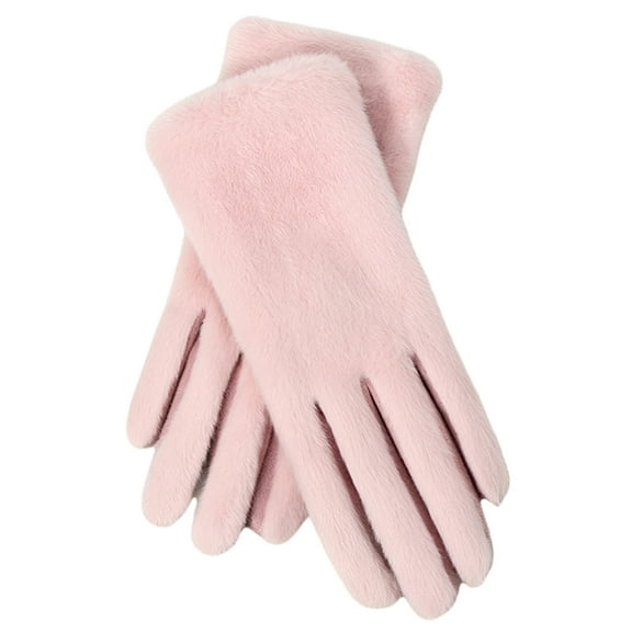 Winter Gloves Faux Fur Fluffy Solid Warm Gloves for Outings Pink Free Size