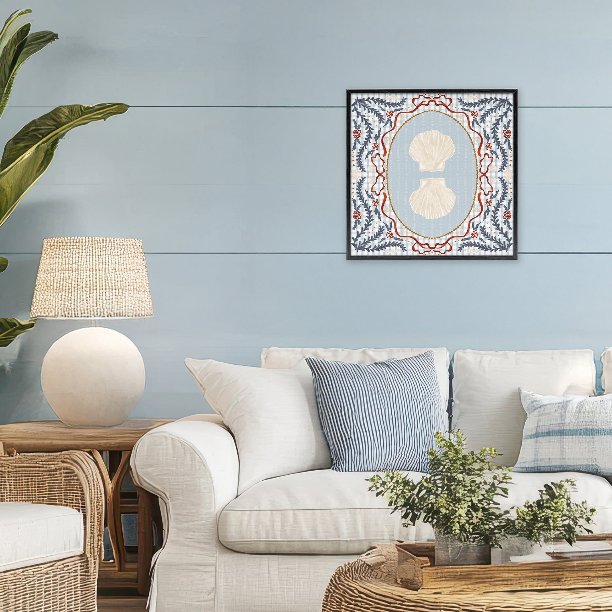 Stupell Industries Shells Portrait on Gingham Black Framed Giclee Art, design by Vero Illustrates