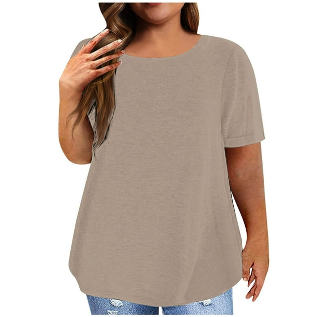 Timegard Plus Size Tops for Women Short Sleeve Crew Neck Solid Color Comfy Basic Tee Casual Loose Tops