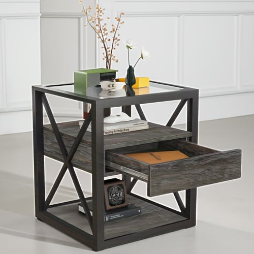 1 piece Modern End Table with Drawer - Nightstand for Bedroom & Living Room, Rustic Wood Grain MDF& Tempered Glass Top, Industrial Style Side Table