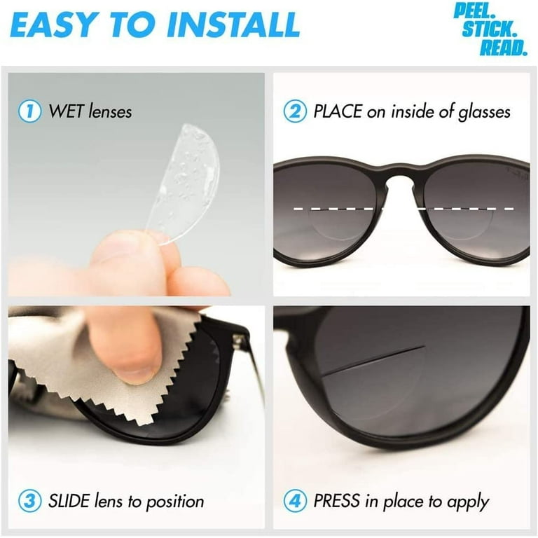 StickTite Lenses Stick on bifocal lens instantly convert sunglasses goggles or glasses into magnified bifocal sunglasses. Patented material