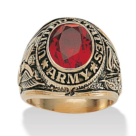 Military Army Mens Ring - Men's Oval-Cut Simulated Red Ruby 6 TCW 14k Yellow Gold-Plated Antiqued Army Ring