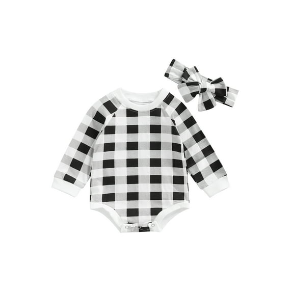 Autumn Infant Long Sleeve Romper Set, Baby Girls Boys Color Matching Plaid Round Collar Jumpsuit + Headwear Casual Clothes