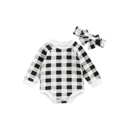 

Beixinder Autumn Infant Long Sleeve Romper Set Baby Girls Boys Color Matching Plaid Round Collar Jumpsuit + Headwear Casual Clothes