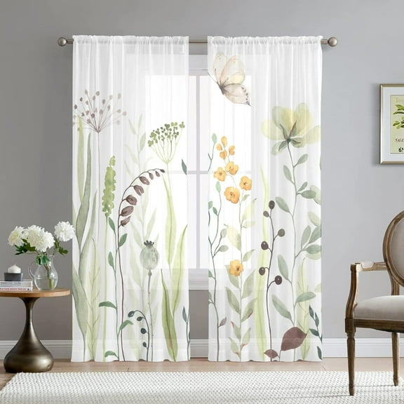 Floral Butterfly Curtains for Living Room 84 inch Length 2 Panels Set Elegant Yellow Flower Spring Printed Window Curtain Natural Sheer Curtains Chiffon Drapes for Bedroom