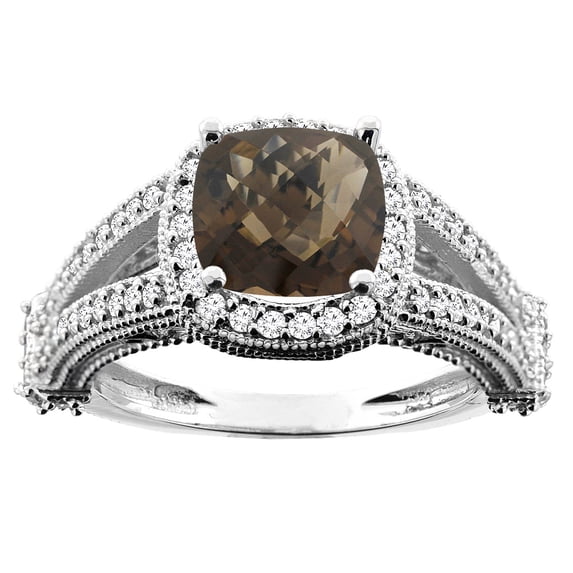 10K White Gold Natural Smoky Topaz Split Shank Ring Cushion 7x7mm Diamond Accent, size 7.5