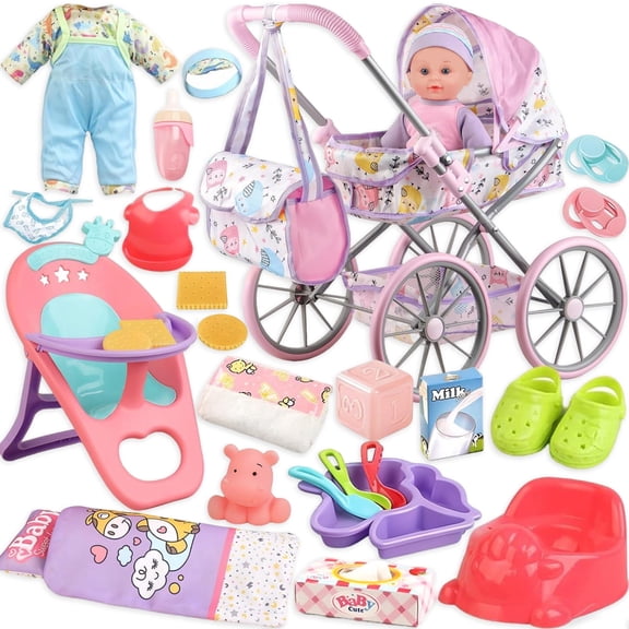 Aijohnny Baby Doll Stroller Toys Set with 12" Baby Doll, Quilt Pillow, Doll Accessories and 2 Sets Clothes, Baby Doll Toys for Kids 3-7 Gifts