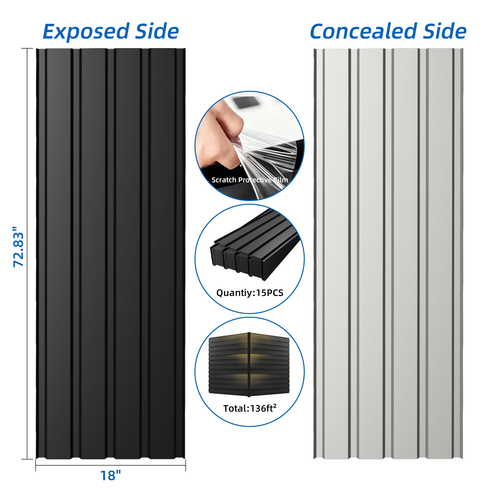 Galvanized Metal Roof Panels 15 PCS 72.8 Inch Length, Waterproof Corrugated Roofing and Roof Panels for Sheds Garages Patios, Gray