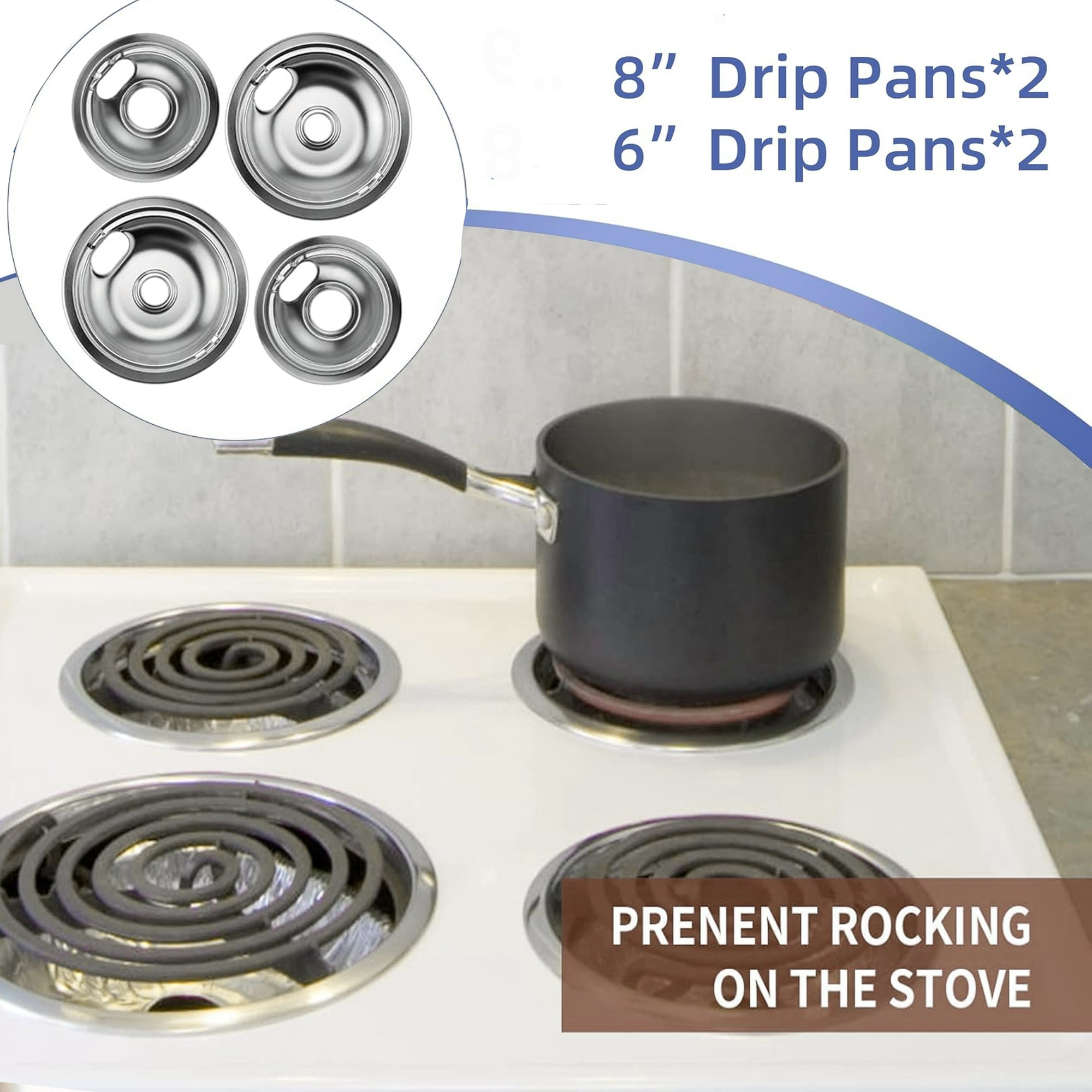 4 Pcs Stove Burner Drip Pans Chrome Replacement for Whirlpool Amana Maytag Magic-Chef Kenmore GE Electric Range  2 x 6" 2 x 8"
