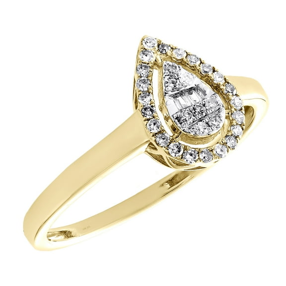 10K Yellow Gold Round & Baguette Diamond Halo Teardrop Engagement Ring 1/6 CT.
