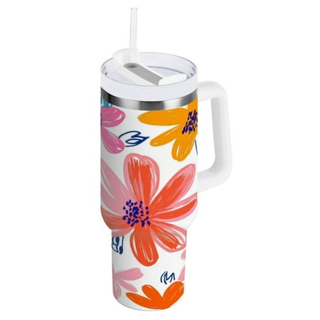 

Stainless Steel Tumbler with Straw and Handle Double Wall Insulated Tumblers Orange and Pink Flower Pattern