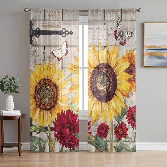 Red Yellow Sunflowers Sheer Curtains 96 Inch Length 2 Panels Set Window Treatments, Retro Rustic Barn Doors Butterfly Brown Rod Pocket Semi Curtains for Living Room/Bedroom/Kitchen, 104"W x 96"L