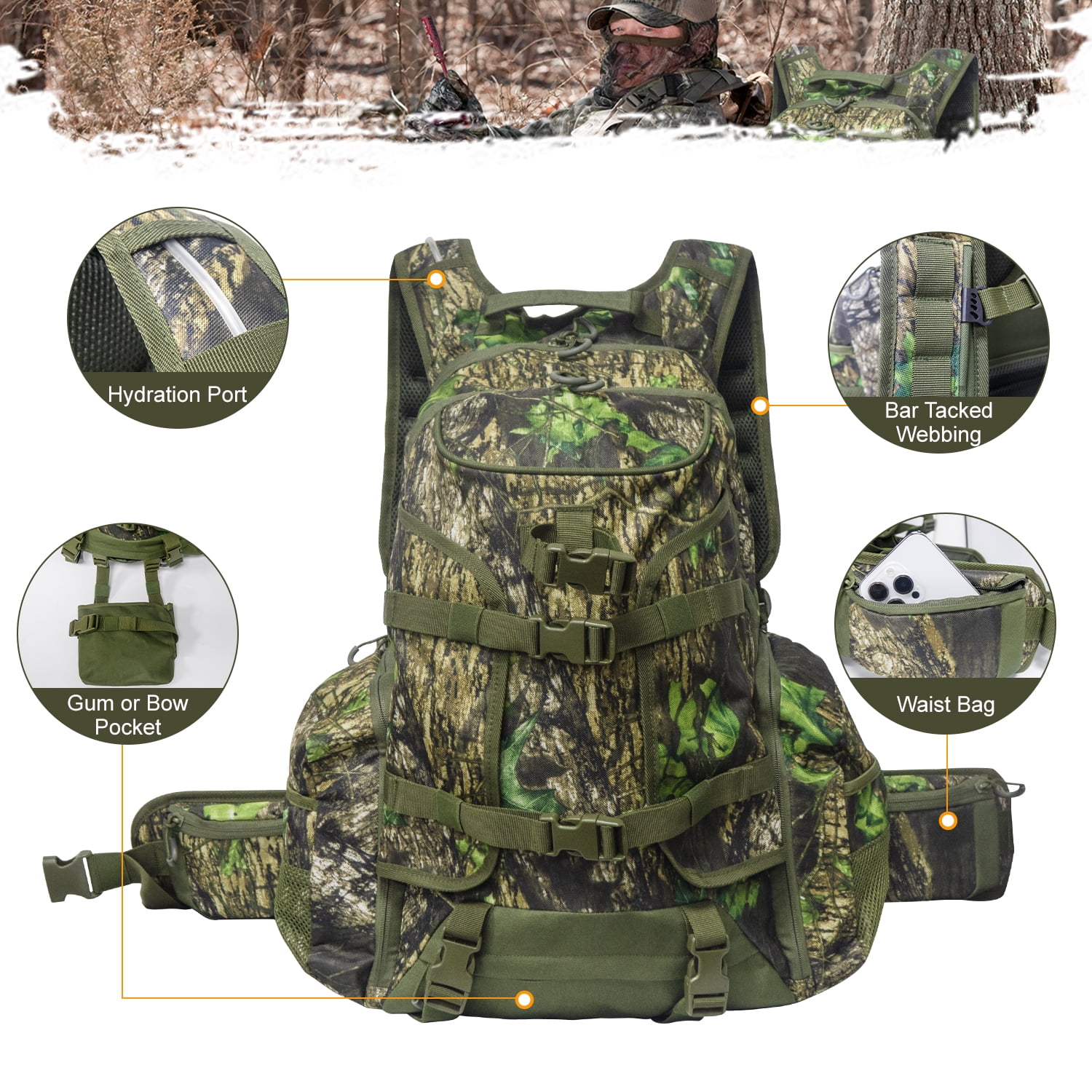 Hunting Backpack for Deer Hunting, Waterproof Camo Hunting Packs for Men