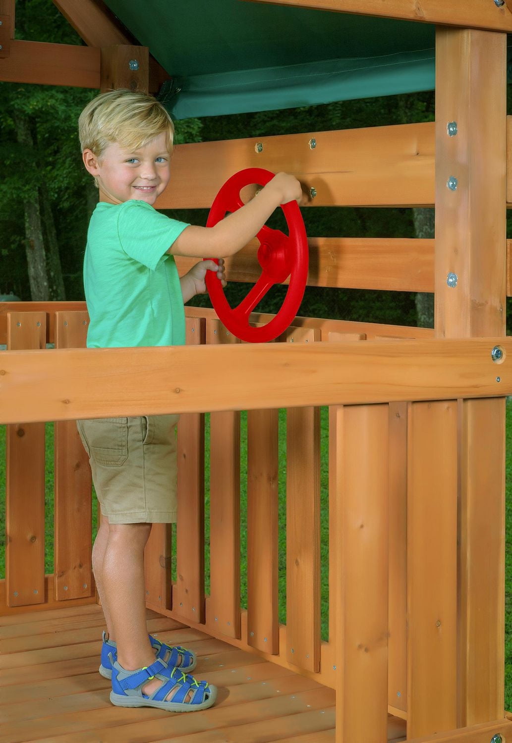 Ensemble de jeu Mountain View avec toit en bâche, barres de singe, mur d'escalade et toboggan