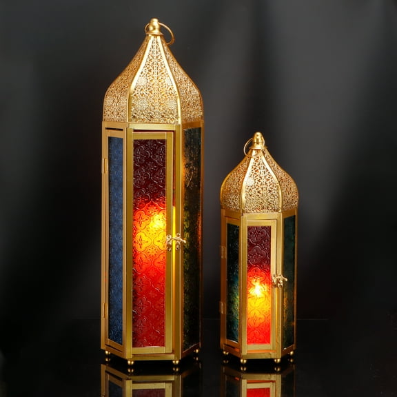 Set of 2 Moroccan Candle Lanterns 22.5''&15'' H Decorative Candle Holder Hanging Lanterns with Embossed Colored Tempered Glass