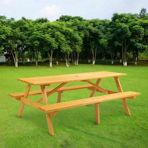 8-Person Wooden Outdoor Picnic Table - Camping Dining, 2220LBS, 2 Built-in Benches